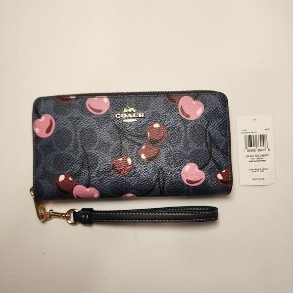 NWT Coach CZ328 Long Zip Around Wallet Denim Signature Canvas Cherry Print V2